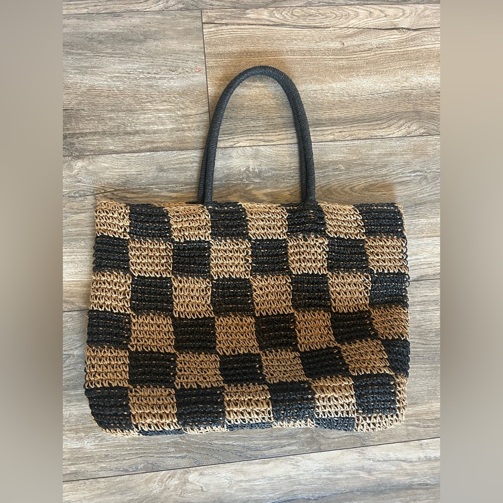 GAP Black and Tan Checkered Gingham Straw Woven Tote